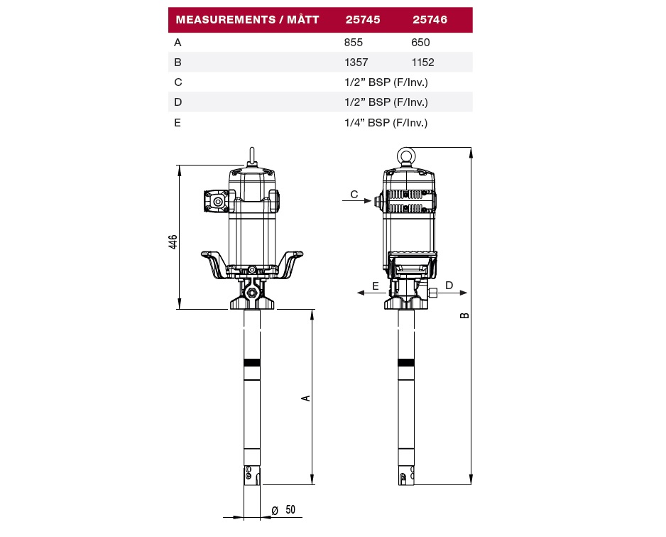 Насос для смазки с пневмоприводом повышенной производительности под бочку 50 кг; 40:1; 11 кг/мин, 1,4МПа, воздух 1/2", заборная труба: Ø 50 мм, L=650 мм
