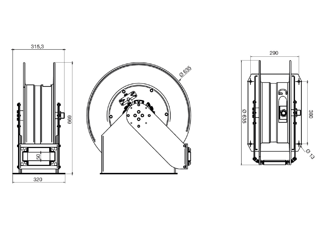 Катушка открытая для раздачи воздуха/воды, цельностальная; шланг 15 м. х 1"; 1,5 МПа; 1"