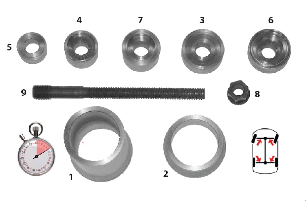 Комплект оснастки (втулок и упорных шайб) для запрессовки и выпрессовки сайлентблоков ( комплекты 03-00028, поставляются отдельно)