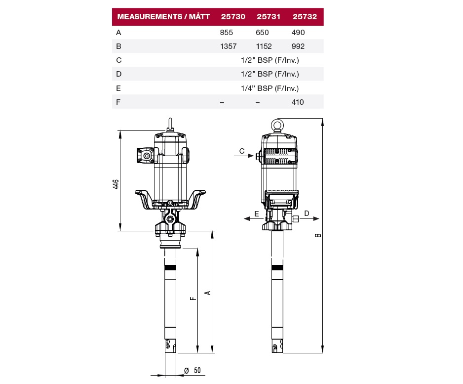 Насос для смазки с пневмоприводом повышенной производительности под бочку 180 кг; 70:1; 7,5 кг/мин, 0,7МПа, воздух 1/2", заборная труба: Ø 50 мм, L=855 мм