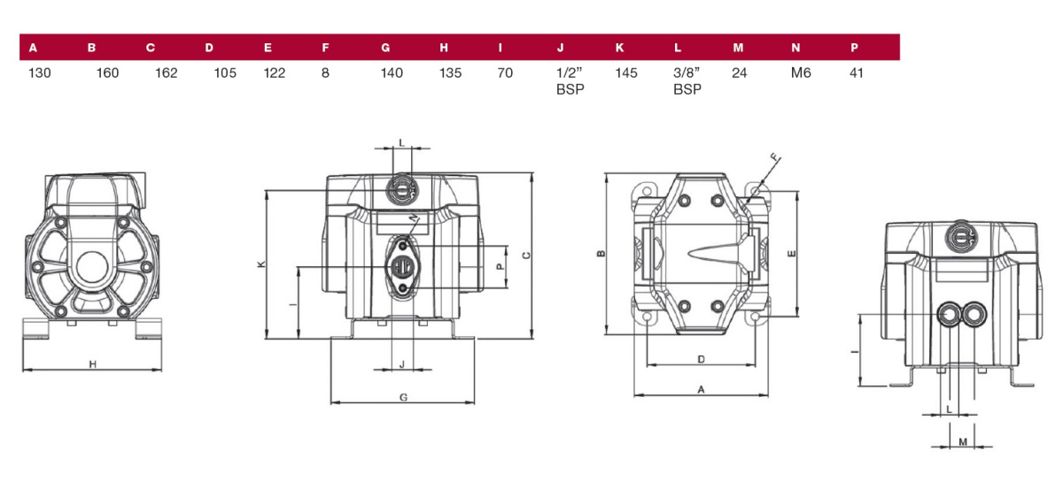 Насос ED30 диафрагменный с пневмоприводом; 1:1; 30 л/мин.; 0,7 МПа; вход вохдуха G3/8"(f); вход/выход жидкости G1/2"(f), +80°С