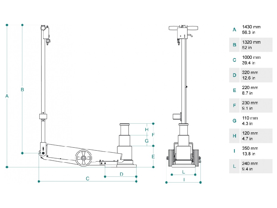 Домкрат пневмогидравлический, 60/30 т.  Мин. высота подхвата: 220 мм