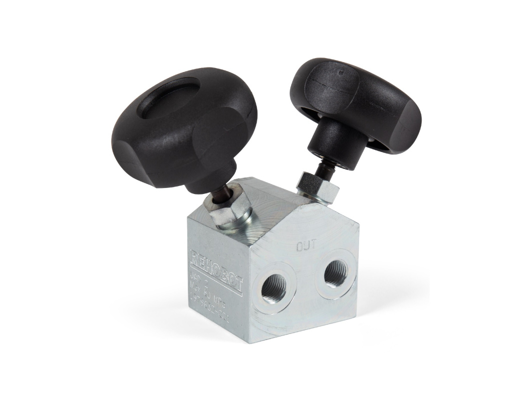 Клапан запорный, один вход два выхода, G1/4", 80 МПа            