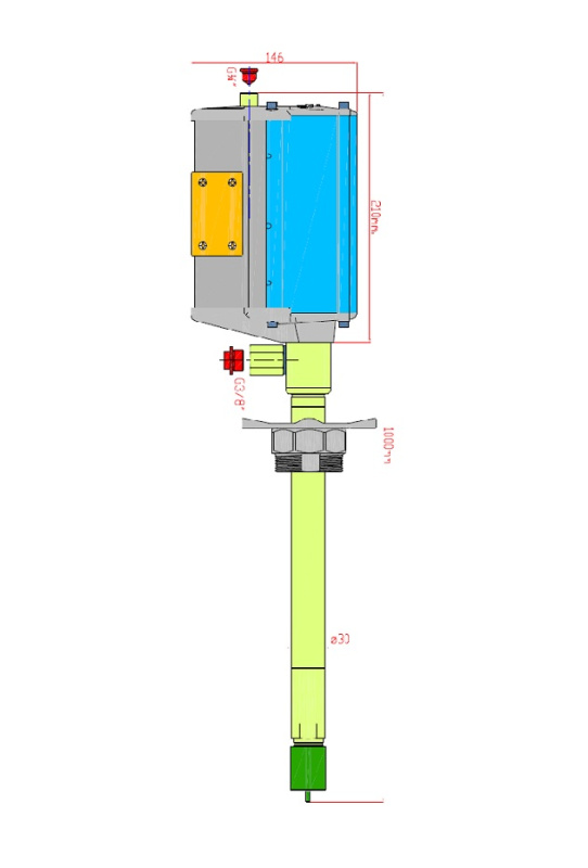Насос для смазки 60:1 для бочки 50 кг, 750 мм, общая длина насоса 1000мм, воздух G1/4" ( f )  , смазка выход G 3/8" ( f ), производительность 1000 г/мин