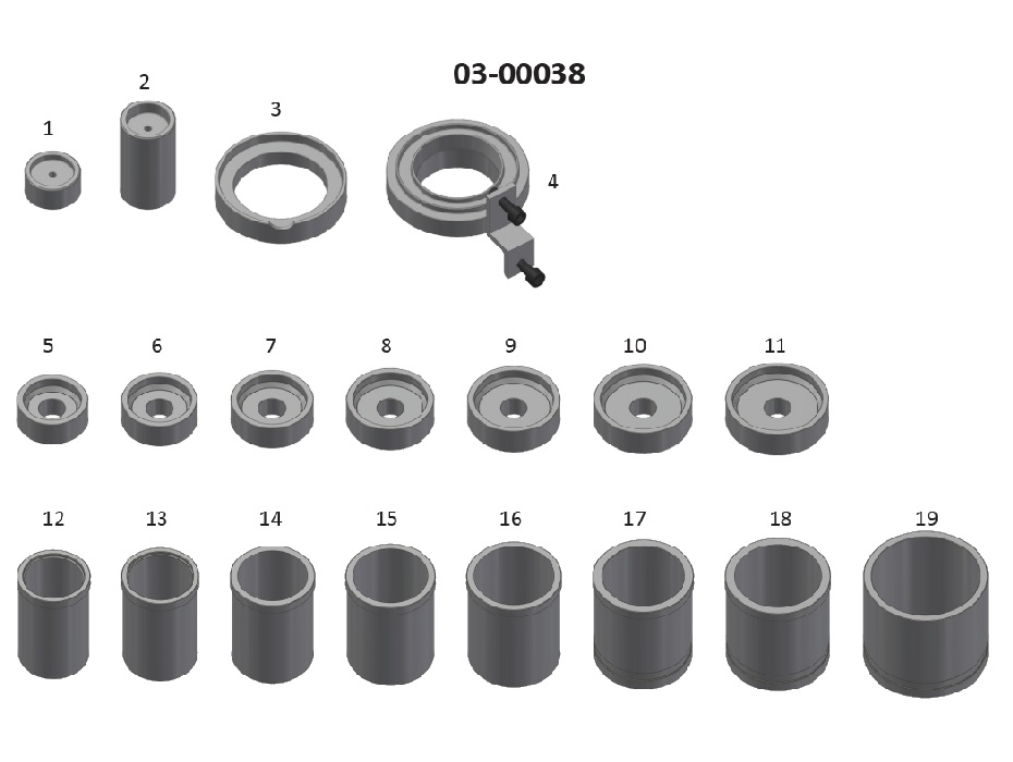 Комплект оснастки (втулок и упорных шайб) для запрессовки и выпрессовки сайлентблоков ( комплекты EBH26, 03-00028, 03-00031-001 поставляются отдельно)