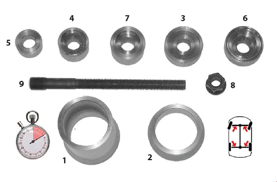 Комплект оснастки (втулок и упорных шайб) для запрессовки и выпрессовки сайлентблоков ( комплекты 03-00028, поставляются отдельно)