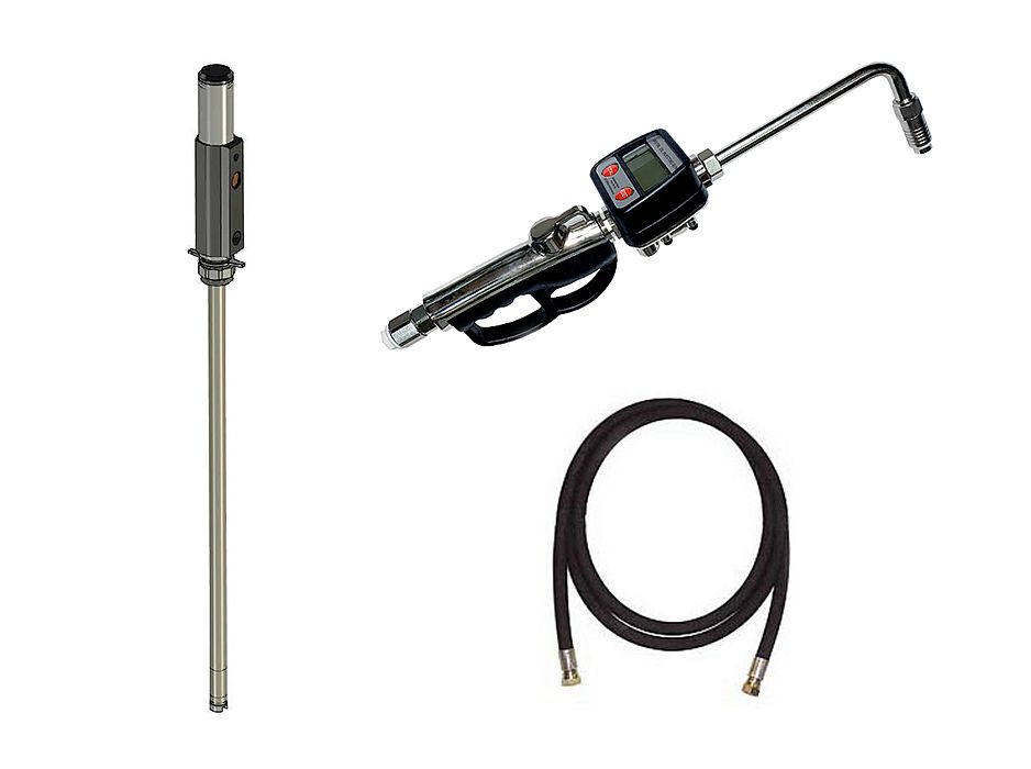 Комлект для раздачи масла из 200л бочек (насос 5:1 с пневмоприводом, пистолет с расходомером, жёсткий носик, шланг 3м)