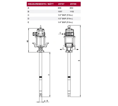 Насос для смазки с пневмоприводом повышенной производительности под бочку 180 кг; 80:1; 8 кг/мин, 0,7МПа, воздух 1/2", заборная труба: Ø 50 мм, L=855 мм