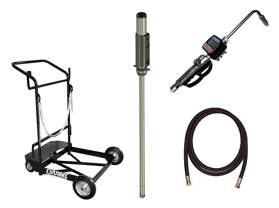 Комплект мобильный для раздачи масла из 200л бочек с тележкой (насос с пневмоприводом 5:1, пистолет с расходомером, жёсткий носик, шланг 3м)