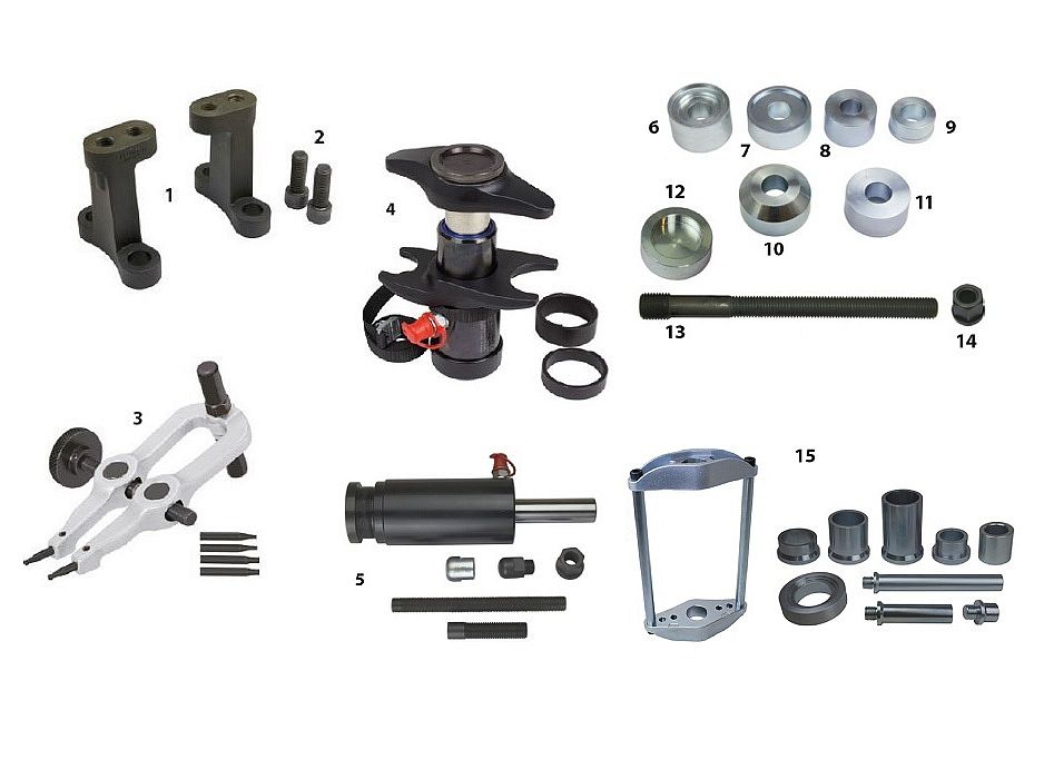 Комплект выпрессовщиков для сервиса грузового транспорта с ударным гидроцилиндром 32 тонн выпрессовщик шворней, съемник ступиц, выпрессовщик пальцев