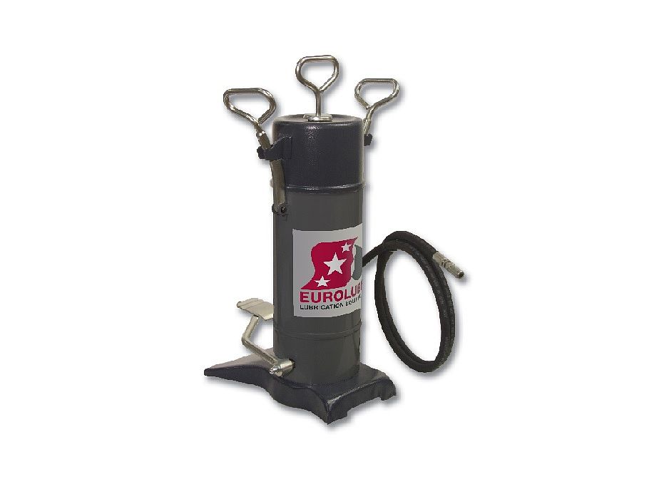 Насос педальный для перекачки смазки, 2 гр./ход штока, контейнер 5 кг. со следящей пластиной с пружинной подачей, шланг 2 м. с муфтой