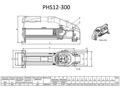 Насос гидравлический, двухступенчатый, ручной привод, манометр, шланг 2м и БРС, 12 МПа, 300 см3