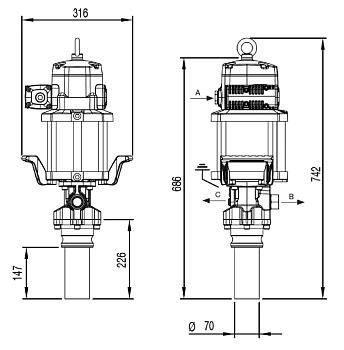 Насос для смазки повышенной производительности, с укороченной трубой, пневмопривод, 12:1; 40 кг/мин; 0,7 МПа