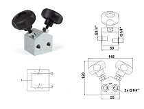 Клапан запорный, один вход два выхода, G1/4", 80 МПа            