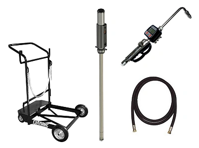 Комплект мобильный для раздачи масла из 200л бочек с тележкой (насос с пневмоприводом 3:1, пистолет с расходомером, жёский носик, шланг 3м)